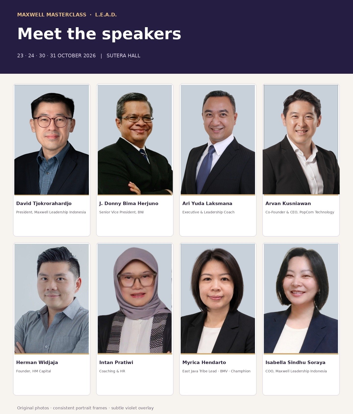 Meet the Speakers — David Tjokrorahardjo, J. Donny Bima Herjuno, Ari Yuda Laksmana, Arvan Kusniawan, Herman Widjaja, Intan Pratiwi, Myrica Hendarto, Isabella Sindhu Soraya